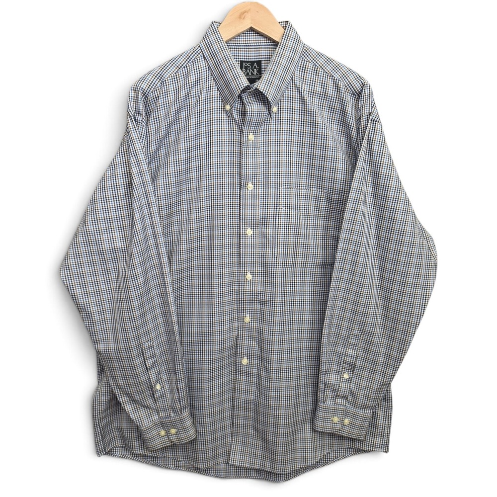 Jos A Bank Dress Shirt Mens Large Brown Blue Mini Check Button Down Traveler
